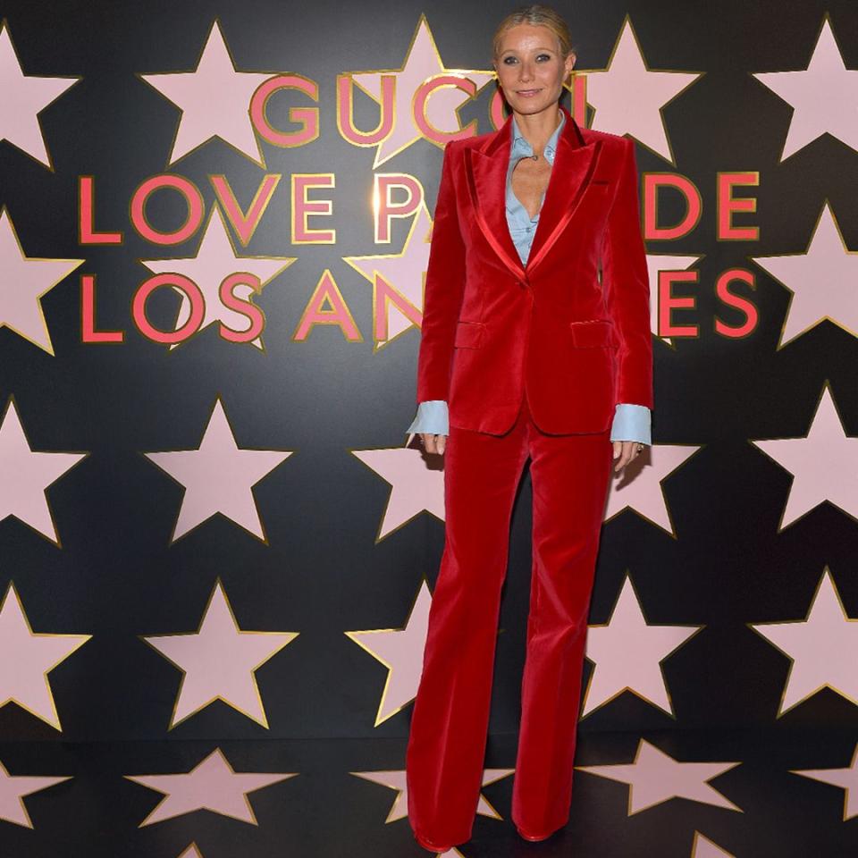 Gwyneth Paltrow on 2 November, wearing a new Gucci suit modelled on one which she wore on the red carpet back in 1996 - Getty Images