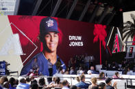 Drew Jones is announced as the second pick of the 2022 MLB baseball draft, by the Arizona Diamondacks, Sunday, July 17, 2022, in Los Angeles. (AP Photo/Jae C. Hong)