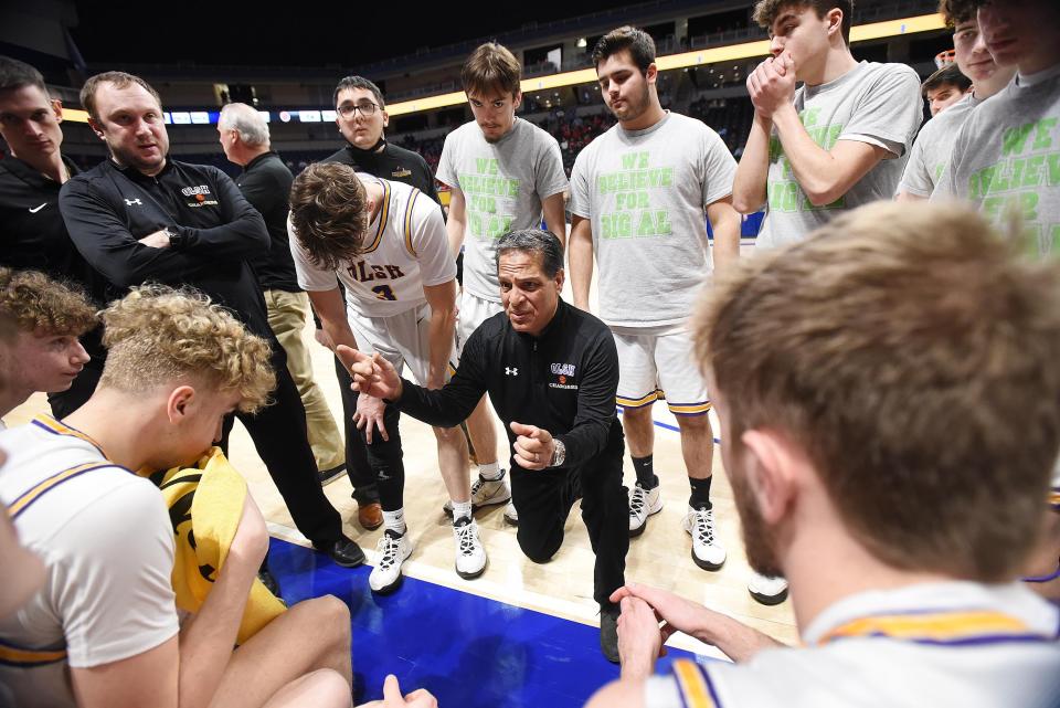 OLSH coach Mike Rodriguez talks to his team during the Class 2A WPIAL championship game on Saturday, March 5, at the Petersen Events Center in Pittsburgh.