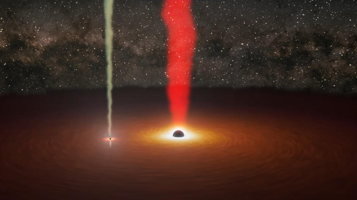  Dark orange and brown gas swirls in a disk around a black orb, which spews bright red gas upward. to its left, a smaller black point shoots a light gas upward too. 