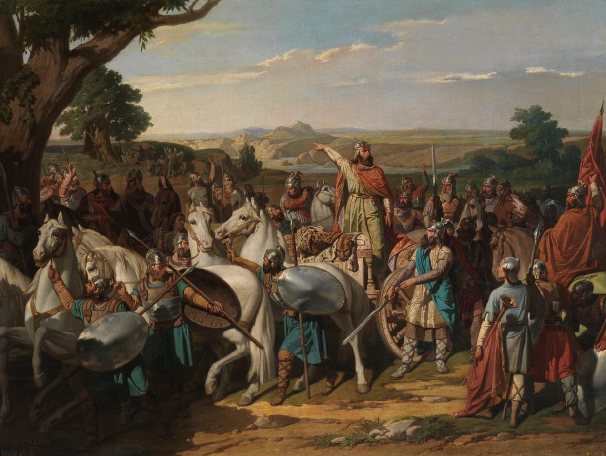 <span class="caption">'El rey don Rodrigo arengando a los jefes de su ejército antes de dar la batalla del Guadalete', de Bernardo Blanco y Pérez.</span> <span class="attribution"><a class="link " href="https://www.museodelprado.es/coleccion/obra-de-arte/el-rey-don-rodrigo-arengando-a-los-jefes-de-su/0341bdd0-5c5f-4c68-8eb5-21bb1a4f9f95" rel="nofollow noopener" target="_blank" data-ylk="slk:Museo del Prado;elm:context_link;itc:0;sec:content-canvas">Museo del Prado</a></span>