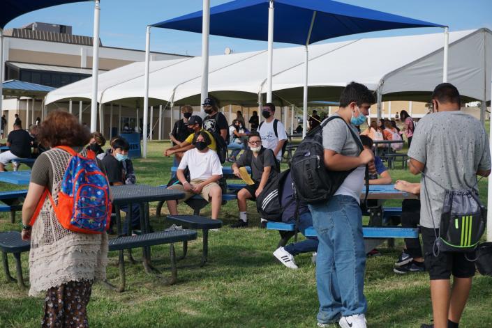 Carlsbad High School students wait for class to start on first day of the 2021-2022 school year.