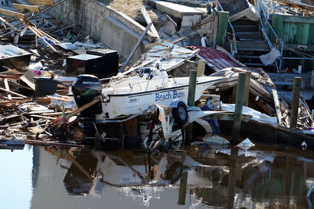 A destroyed boat is pictured following Hurricane Michael in Mexico Beach, Florida, U.S., October 13, 2018. REUTERS/Carlo Allegri