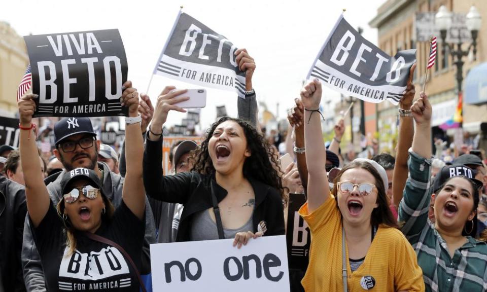 Supporters cheer as Beto O’Rourke speaks at his presidential campaign kickoff in El Paso, Texas on 30 March.