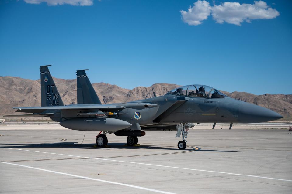 An F-15EX on the ramp at Nellis Air Force Base, Nevada, during Black Flag 24-1. <em><em><em>U.S. Air Force photo by Airman 1st Class Brianna Vetro</em></em></em>