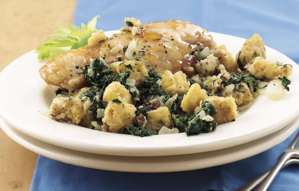 <p>This recipe won the grand prize at the 2006 Pillsbury Bake-Off Contest, and the old-fashioned chicken dish is still a winner for dinner. There are a few unconventional ingredients that take this one over the top: a combination of maple-flavored syrup, peach preserves and Worcestershire sauce. And the spinach stuffing reminiscent of <a href="https://www.thedailymeal.com/holidays/thanksgiving-side-dishes-ranking?referrer=yahoo&category=beauty_food&include_utm=1&utm_medium=referral&utm_source=yahoo&utm_campaign=feed" rel="nofollow noopener" target="_blank" data-ylk="slk:Thanksgiving flavors;elm:context_link;itc:0;sec:content-canvas" class="link ">Thanksgiving flavors</a> is a fitting side dish.</p> <p><a href="https://www.thedailymeal.com/recipes/baked-chicken-and-spinach-stuffing?referrer=yahoo&category=beauty_food&include_utm=1&utm_medium=referral&utm_source=yahoo&utm_campaign=feed" rel="nofollow noopener" target="_blank" data-ylk="slk:For the Baked Chicken and Spinach Stuffing recipe, click here.;elm:context_link;itc:0;sec:content-canvas" class="link ">For the Baked Chicken and Spinach Stuffing recipe, click here.</a></p>