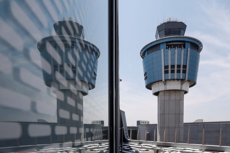 FILE PHOTO: The Control tower is seen at New York's LaGuardia Airport's newly renovated Terminal B in New York