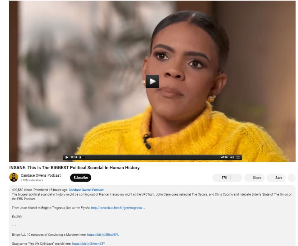 <span>Capture d'écran prise sur WaybackMachine le 02/04/2024 de la vidéo de Candace Owens publiée sur YouTube puis supprimée </span>