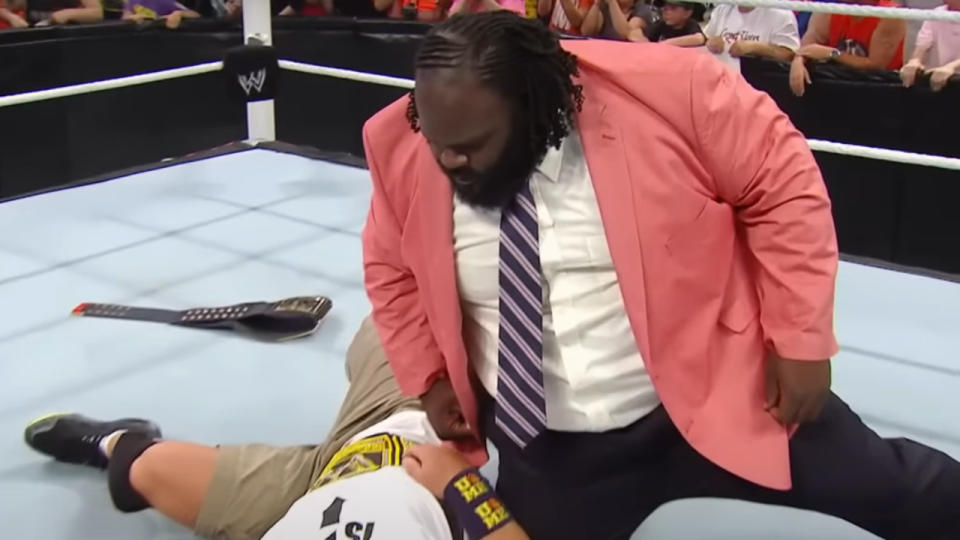 <p> In June 2013, Mark Henry entered the ring in a salmon-colored suit and told the world he was retiring from wrestling. But things weren’t as they seemed, as Henry used the fake retirement speech to get John Cena to come out so he could attack him and challenge the WWE Champion for his belt. </p>