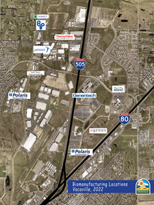 Map of the Vaca Valley Business Park identifying Vacaville Biomanufacturing sites in 2022.