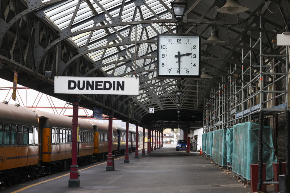 The Dunedin Railway Station, home town art gallery and the New Zealand Sports Hall of Fame Museum, in central Dunedin, Monday, July 24, 2023.Women's World Cup host city Dunedin, at latitude of 45.88 degrees South is the southernmost city to ever host a World Cup tournament, men's or women's. (AP Photo/Matthew Gelhard)