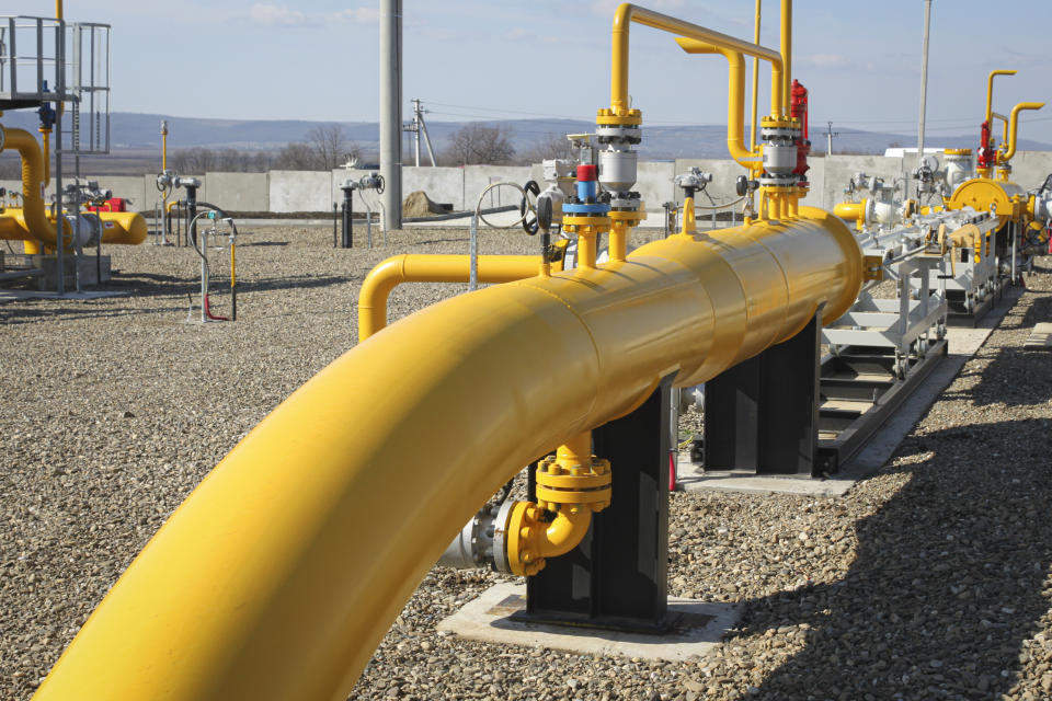 Pipelines of the national natural gas distribution network outside Ungheni, Moldova, March 4, 2015. The country faces a looming natural gas supply shortage this winter after it failed to renew a long-term contract with Russia, as on Tuesday, Oct. 26, 2021, the former Soviet republic received a million cubic meters of gas from Poland, the first time in history it has turned to a non-Russian supplier, amid increasing geopolitical tensions as Moldova looks to forge closer ties with the European Union after for years being under strong Russian influence.(AP Photo/Aurel Obreja)