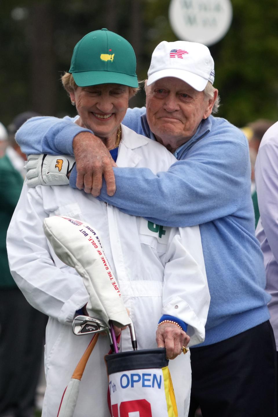 Jack Nicklaus hugs wife Barbara before the first round of the Masters Tournament in Augusta, Georgia on April 11, 2024.