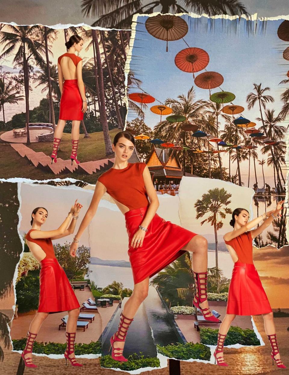 Photos of a model wearing a red cutout dress, superimposed over photos of the Amanpuri resort