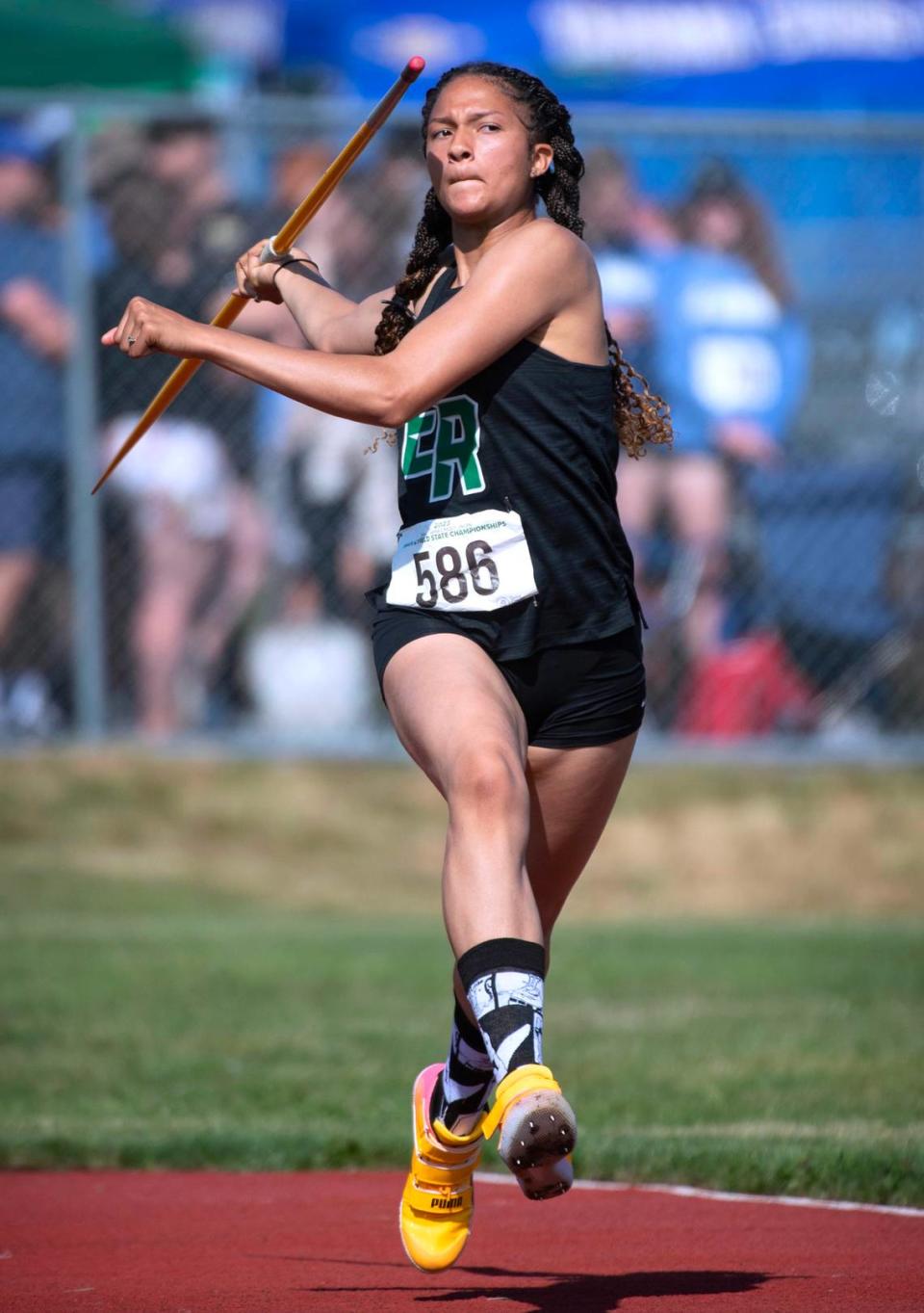 Emerald Ridge’s JaiCieonna Gero-Holt throws the javelin en route to the 4A girls javelin state title during the opening day of the WIAA state track and field championships at Mount Tahoma High School in Tacoma, Washington, on Thursday, May 25, 2023.