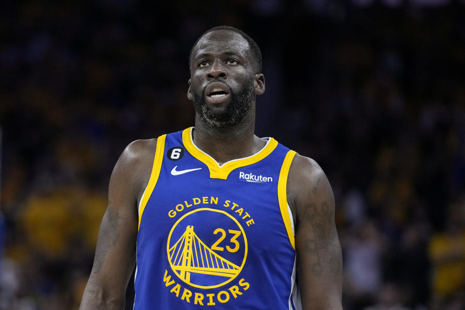 Golden State Warriors forward Draymond Green stands on the court during the second half of Game 6 of an NBA basketball playoff series against the Sacramento Kings in San Francisco, Friday, April 28, 2023. (AP Photo/Godofredo A. Vásquez)