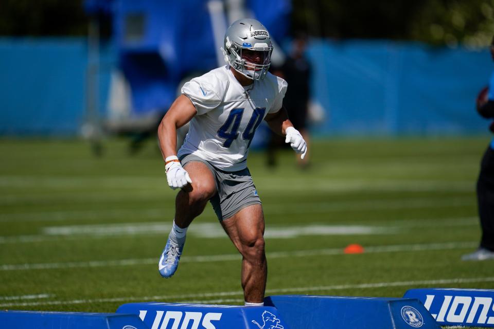 Detroit Lions rookie linebacker Malcolm Rodriguez works out during practice May 14 in Allen Park, Mich.