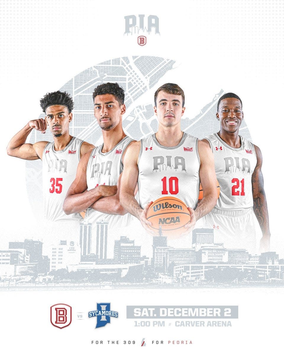 Darius Hannah, left, Malevy Leons, Connor Hickman and Duke Deen of the 2023-24 Bradley men's basketball team pose in their new alternate uniforms, which the team will debut in their Missouri Valley Conference opener set for Dec. 2 against Indiana State.