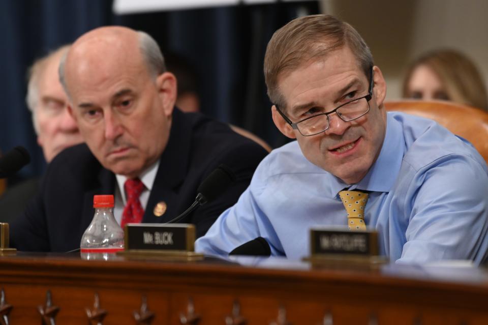 Rep. Louie Gohmert, R-Texas, left listens as Rep. Jim Jordan, R-Ohio speaks during the House Judiciary Committee markup of H.Res. 755, Articles of Impeachment Against President Donald J. Trump in Washington, DC on Dec. 12, 2019.