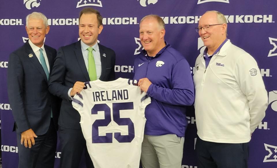 Kansas State held a news conference Friday to promote the 2025 Aer Lingus Football Classic between the Wildcats and Iowa State in Dubline Ireland. Pictured, from left, are co-founder John Anthony, Consul General of Ireland Robert Hull, K-State coach Chris Klieman and K-State athletics director Gene Taylor.