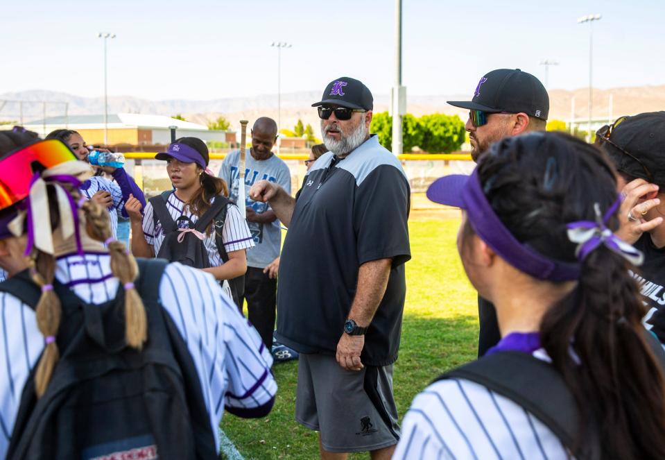 Shadow Hills head coach JT Tiumalu talks to his team after their CIF-SS Division 5 playoff game at Shadow Hills High School in Indio, Calif., Thursday, May 2, 2024.