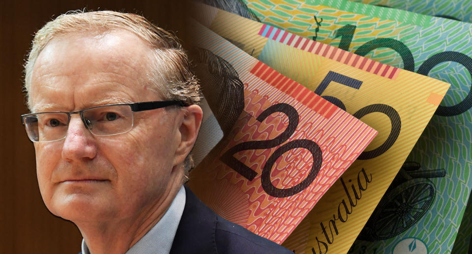 RBA governor Philip Lowe on a background of Australian currency.