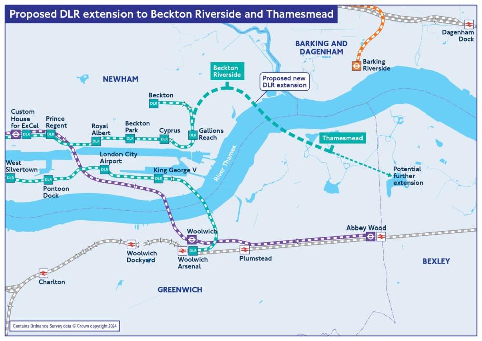 A map showing the preferred option for extending the DLR to Thamesmead, including a potential further extension to Belvedere (TfL. Contains Ordnance Survey data © Crown copyright 2024)