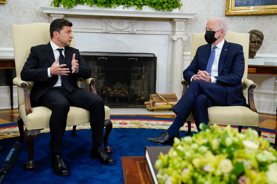 US President Joe Biden meets with Ukrainian President Volodymyr Zelensky in the Oval Office on September 1, 2021