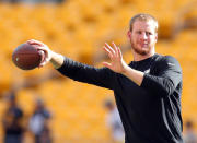 FILE PHOTO: Aug 18, 2016; Pittsburgh, PA, USA; Philadelphia Eagles quarterback Carson Wentz (11) warms-up before playing the Pittsburgh Steelers at Heinz Field. Mandatory Credit: Charles LeClaire-USA TODAY Sports / Reuters Picture Supplied by Action Images/File Photo