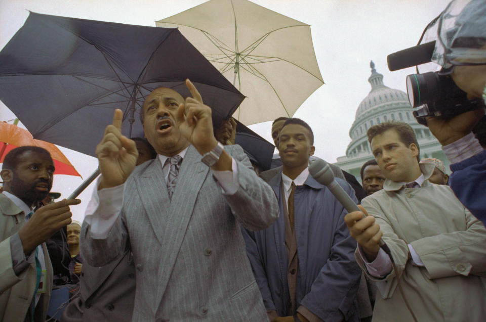 Federal Judge Alcee Hastings (L) addresses a rally of his supporters outside the Capitol in the midst of his ongoing impeachment hearing before the Senate in 1989. At center is his son Alcee Hastings II. Hastings is from Florida. (Photo; Bettman Archive via Getty Images)