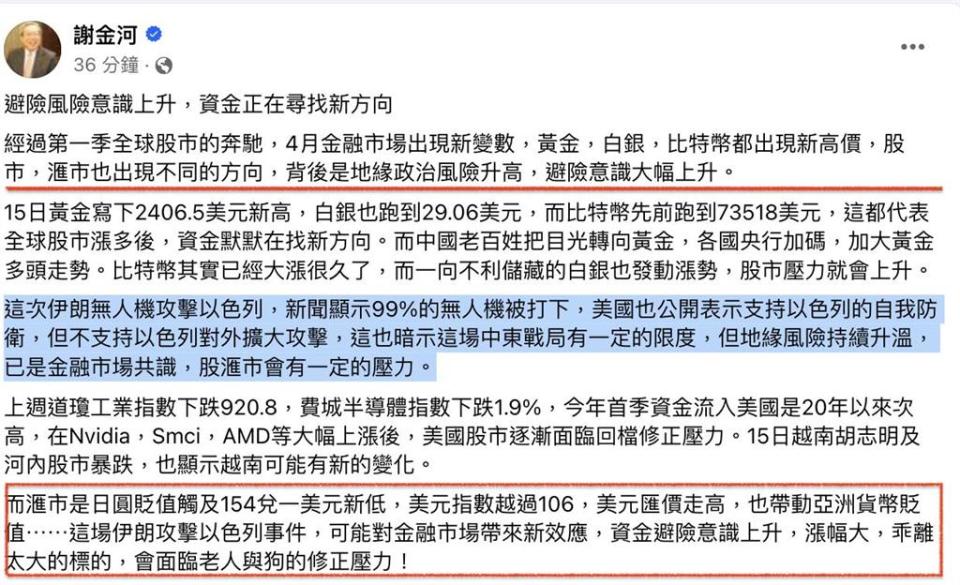 以伊衝突「美國2表態」洩戰局影響力！謝金河揭「股匯分歧」示警2類股