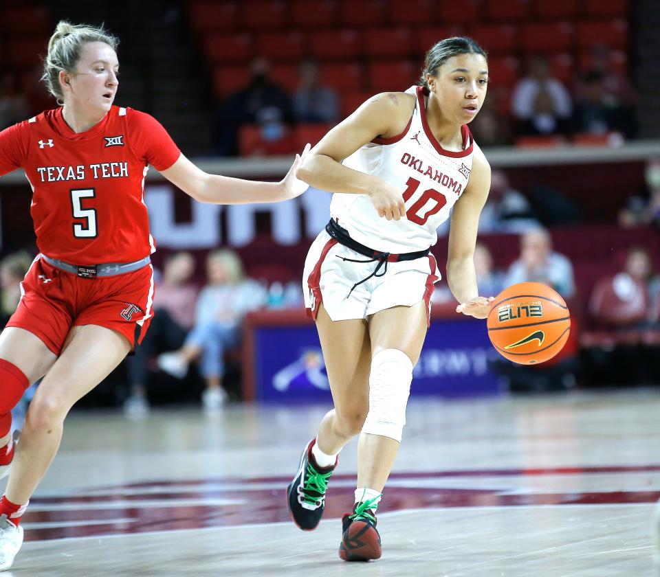 Oklahoma's Kelbie Washington (10) dribbles up court against Texas Tech during a game at Lloyd Noble Center in Norman on Feb. 16, 2022.