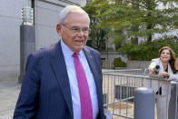 U.S. Sen. Bob Menendez, D-N.J., leaves federal court following the day's proceedings in his bribery trial, Monday, July 1, 2024, in New York. (AP Photo/Larry Neumeister)