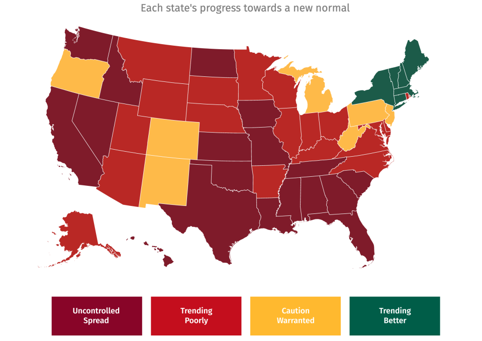 A map showing the coronavirus progress of US states on August 20, with about only half having an 'uncontrolled spread'.