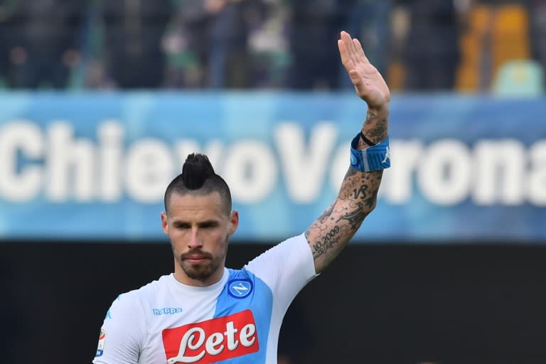 Napoli's Marek Hamsik acknowledges the fans at the end of the Serie A match against Chievo in Verona, on February 19, 2017