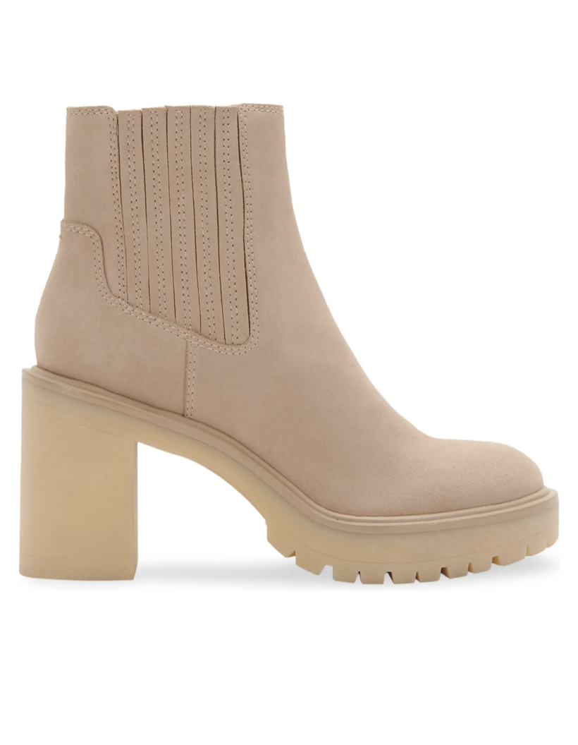 Dolce Vita Caster H2O Waterproof Block Heel Bootie in Dune Suede H2O (Photo via Nordstrom)