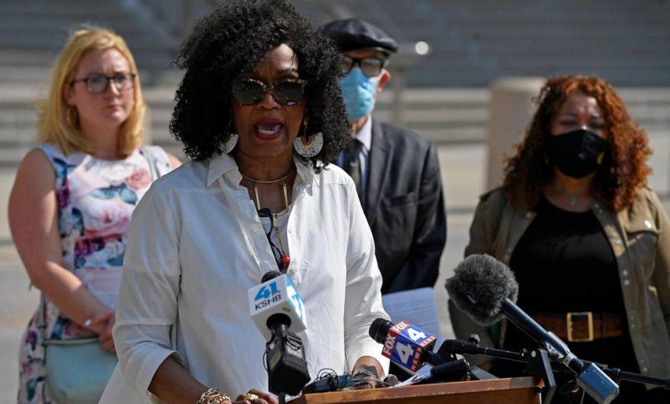 Gwen Grant, President and CEO of the Urban League of Greater Kansas City, was one of several civil rights leaders calling the U.S. Department of Justice to investigate the Kansas City Police Department, during a press conference Monday morning in front of the U.S. Courthouse, downtown. Pointing to “disturbing patterns” of officer misconduct and violent policing that targets minorities, Grant and other leaders demanded action be taken by the DOJ.