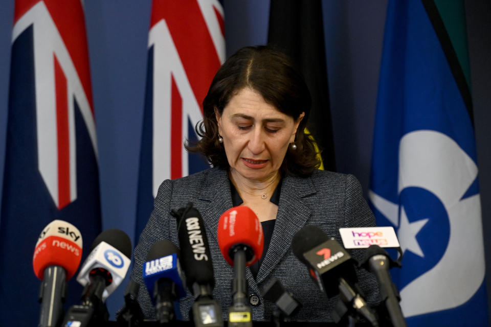 NSW Premier Gladys Berejiklian speaks to the media during a press conference to announce her resignation, in Sydney, Friday, October 1, 2021. Source: AAP