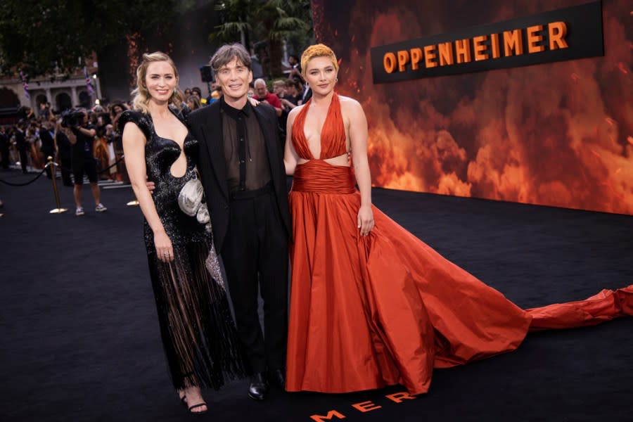 Emily Blunt, from left, Cillian Murphy and Florence Pugh pose for photographers at the premiere for the film “Oppenheimer” on July 13, 2023 in London. (Vianney Le Caer/Invision/AP, File)