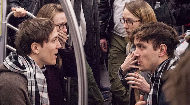 Like looking in a mirror. These two sets of twins we also involved in the elaborate prank that left subway commuters scratching their heads. Source: YouTube.