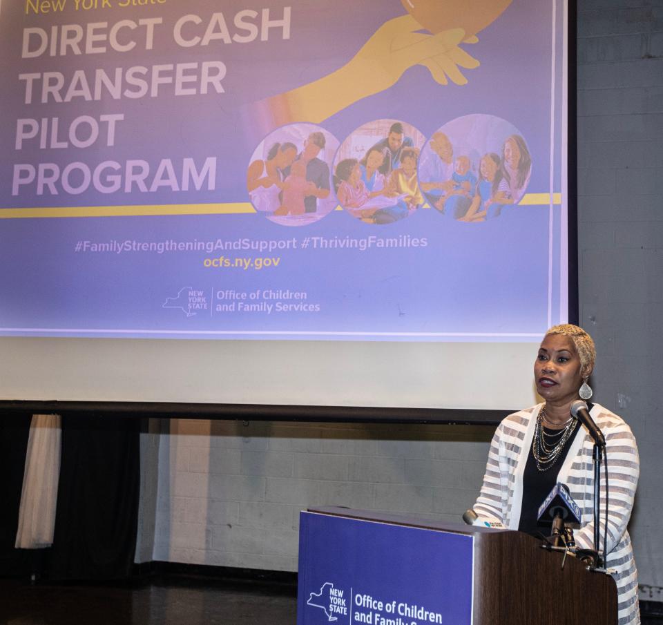 Office of Children and Family Services Acting Deputy Commissioner Gail Geohagen-Pratt speaks during a press conference at the Doles Center in Mount Vernon Aug. 3, 2023 where New York's Office of Children and Family Services announced the launching of a pilot program to study if $500 monthly payments to at-risk families will reduce their need for child-welfare services. As part of the program, payments will be made to 150 families in Westchester, Monroe and Onondaga counties for one year.