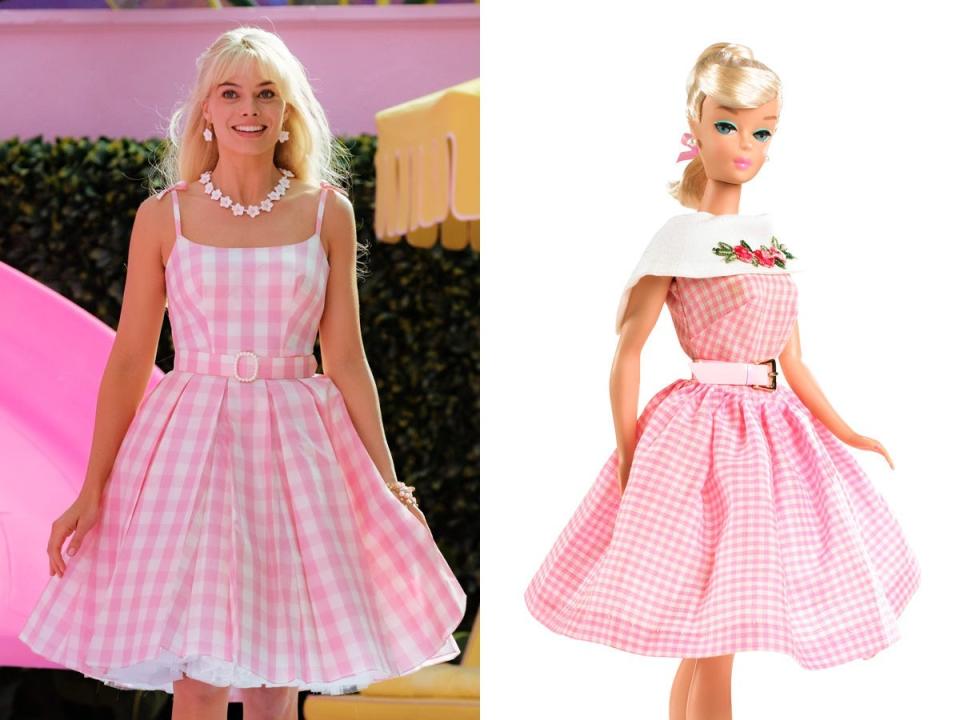 Left: Margot Robbie as Barbie in "Barbie." Right: Mattel's 1964 Dancing Doll Barbie.