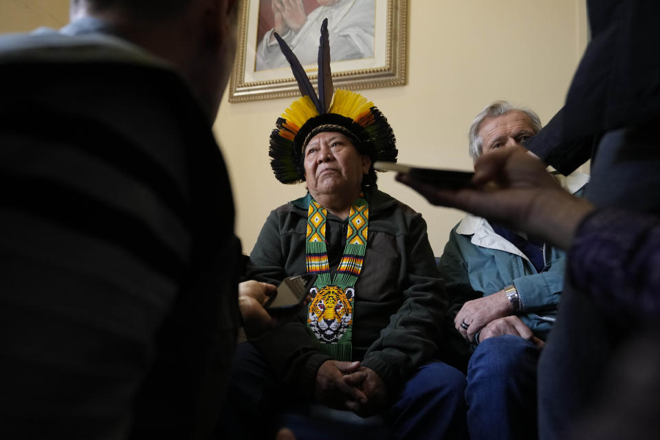 Davi Kopenawa, a Yanomami shaman, listens to reporters' questions during a press conference after his meeting with Pope Francis at the Vatican, Wednesday, April 10, 2024. Kopenawa, a Yanomami shaman, said he came to the Vatican at Francis’ invitation to brief him on the plight of the Yanomami and the Amazon, where deforestation surged to a 15-year high during the previous administration of far-right President Jair Bolsonaro. (AP Photo/Alessandra Tarantino)