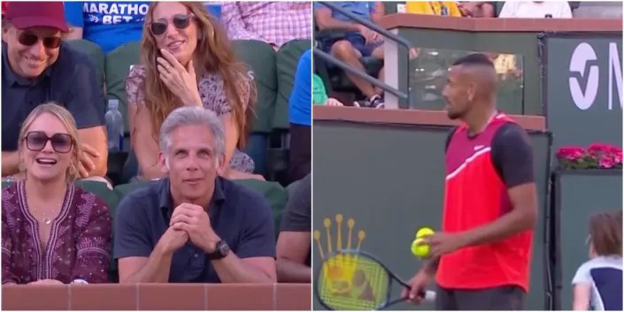 A side-by-side image of Ben Stiller and tennis star Nick Kyrgios at the 2022 Indian Wells Masters.