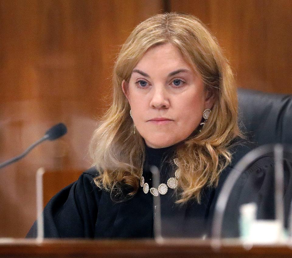 Judge Heather Bradley listens to bail requests during the arraignment of Norwell pediatrician Dr. Richard Kauff in Hingham District Court on Monday, Nov. 20, 2023, on charges of sexual assault as a result of complaints from former patients.