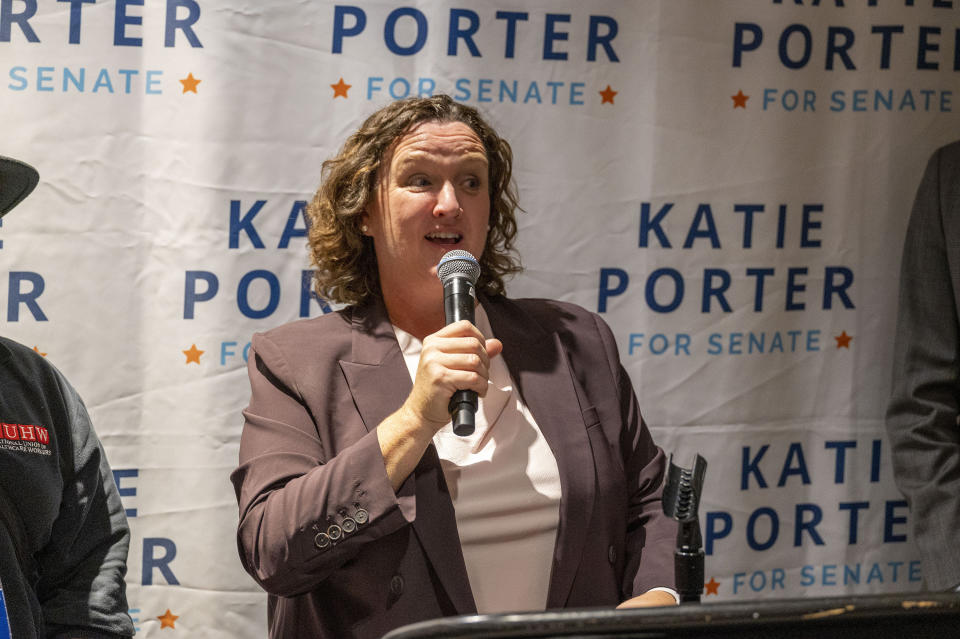 Rep. Katie Porter, who is running for U.S. Senate, talks to supporters during her Recipe for Change party at the California Democratic Party state endorsing convention, Friday, Nov. 17, 2023, at SAFE Credit Union Convention Center in Sacramento. (Lezlie Sterling/The Sacramento Bee via AP)