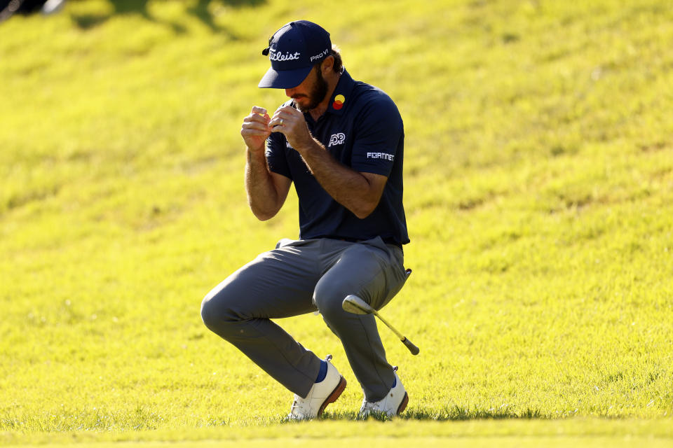 Max Homa reacts after missing on a chip to the 18th green during the final round of the Genesis Invitational golf tournament at Riviera Country Club, Sunday, Feb. 19, 2023, in the Pacific Palisades area of Los Angeles. (AP Photo/Ryan Kang)