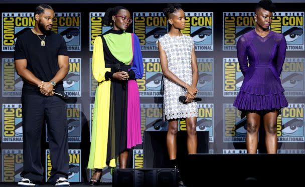 PHOTO: From left, Ryan Coogler, Lupita Nyong'o, Letitia Wright, and Danai Gurira speak  during Comic-Con, July 23, 2022, in San Diego, Calif. (Kevin Winter/Getty Images)