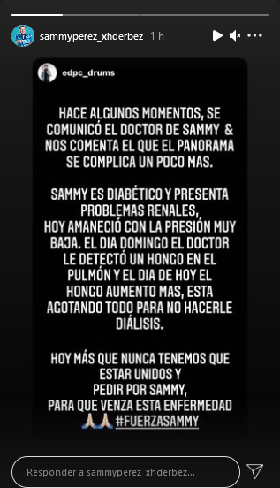 Mensaje en Instagram del mánager de Sammy Pérez sobre su estado de salud