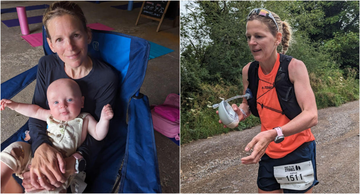 Sophie Carter with her baby Teddy and running an ultramarathon while breast pumping
